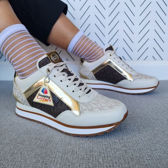 🤩Michael Kors Maddy Mixed Media Trainer Size 8 Women Casual Shoes Vanilla Gold - Picture 1 of 11